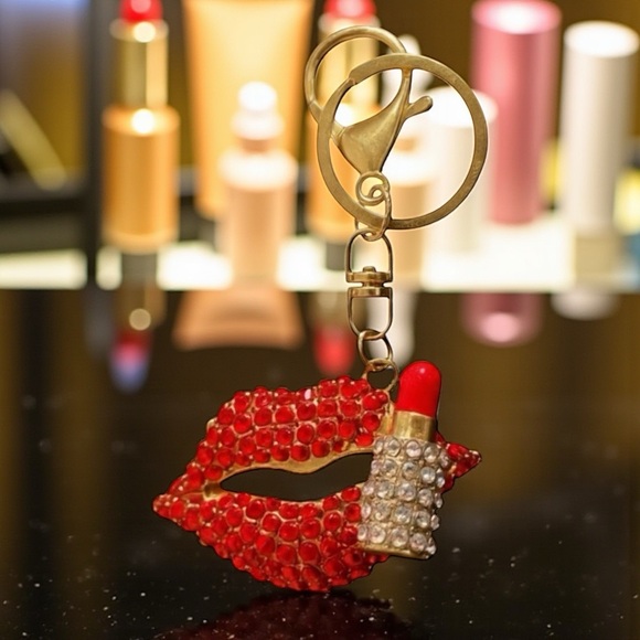 Red Crystal Lip Bag Charm Keychain with Gold Accents - Picture 3 of 16
